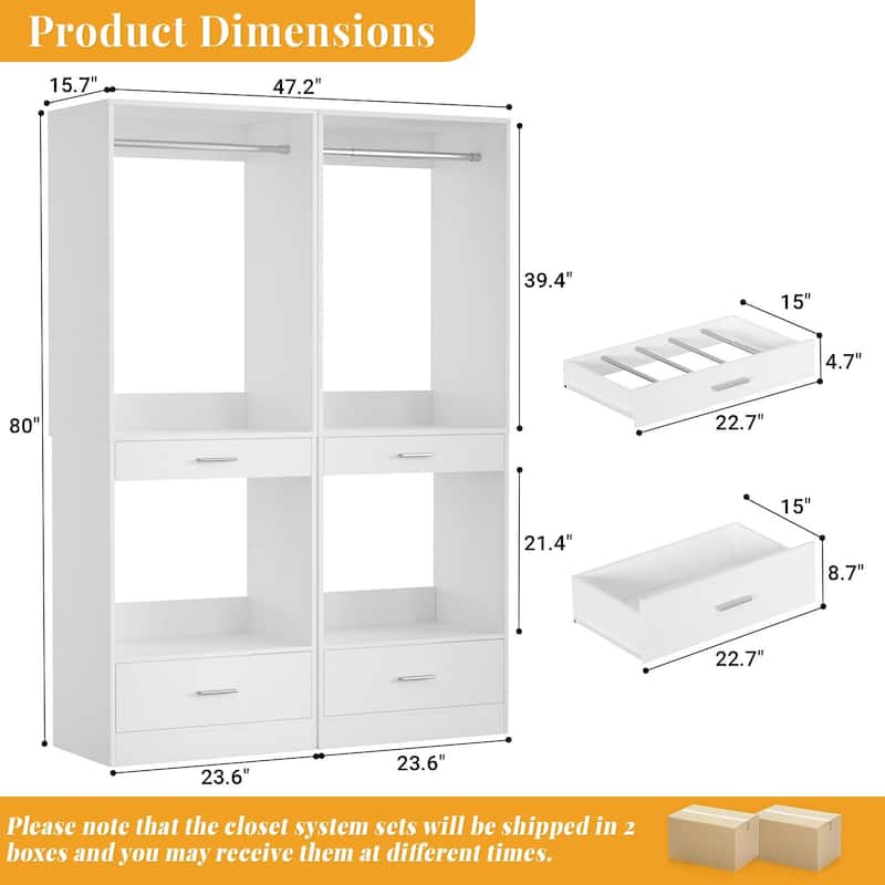 Qvella 23.6'' W Closet System with Hanging Rods and Wooden Drawers, Modular Walk-In Closet Organizer with Pants Rack