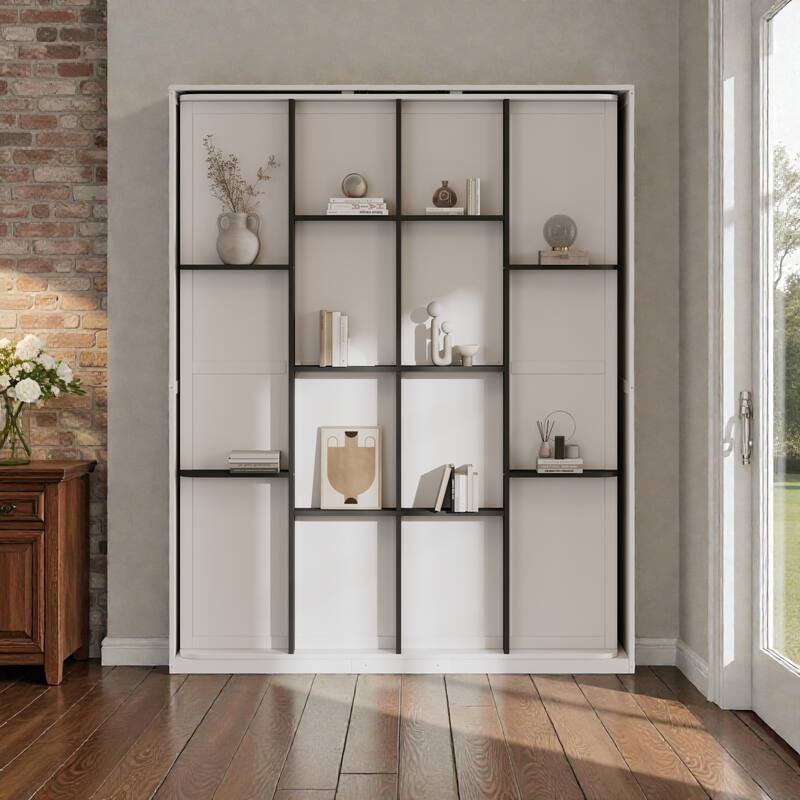 Rotating Queen Murphy Bed with Storage Shelves, 360 Degree Space Saving Wall Bed for Home Office