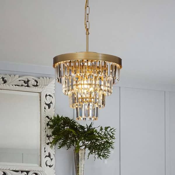 slide 2 of 8, 3-Light 13" Cone Shape 4-Tier Crystal Chandelier Soft Gold