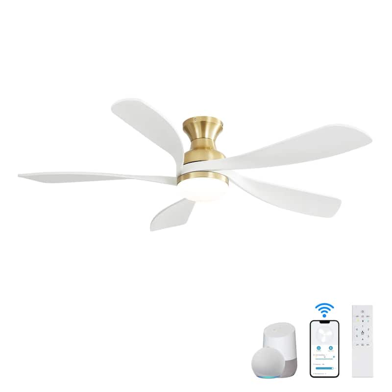 52 Inch Flush Mount Smart Ceiling Fan with Light, APP and Remote Control, Low Profile - 52 inch - Gold With White Wood Blades