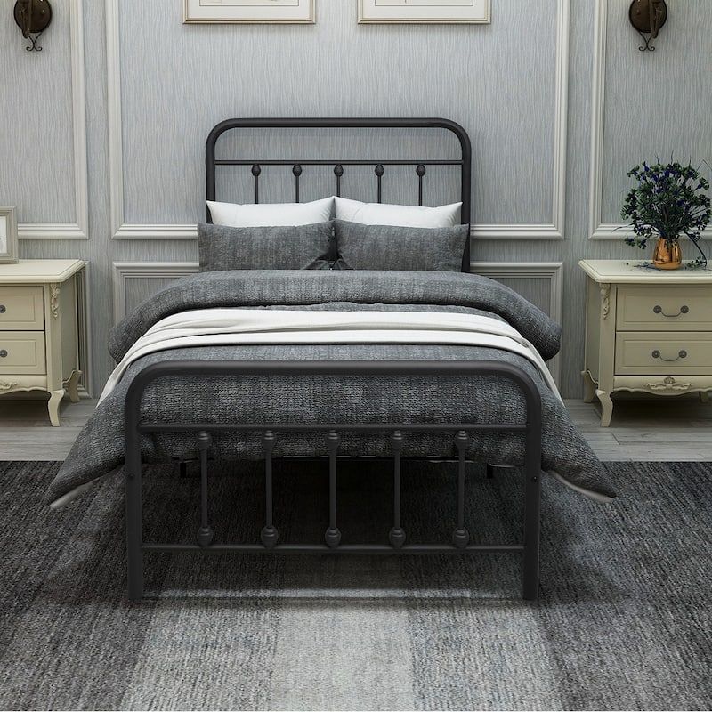 Victorian Style Metal Platform Bed Frame with Iron-Art Headboard Footboard, Under Bed Storage, No Box Spring Needed, Noise Free