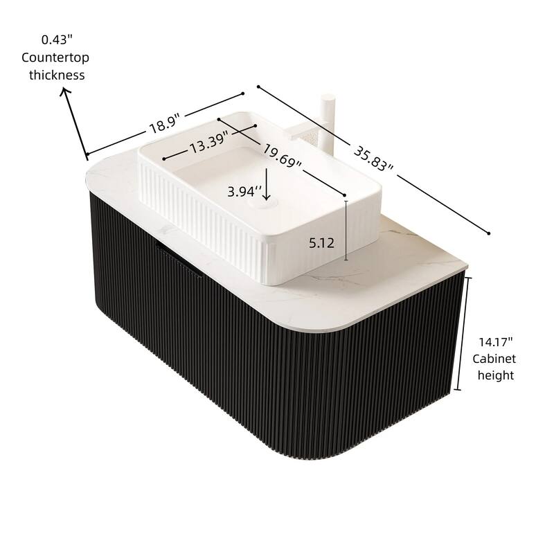 36" Bathroom Vanity Sink, Floating Curved Edges Striped Bathroom Storage Cabinet with Drawer, Rectangular Ceramic Basin Carrara