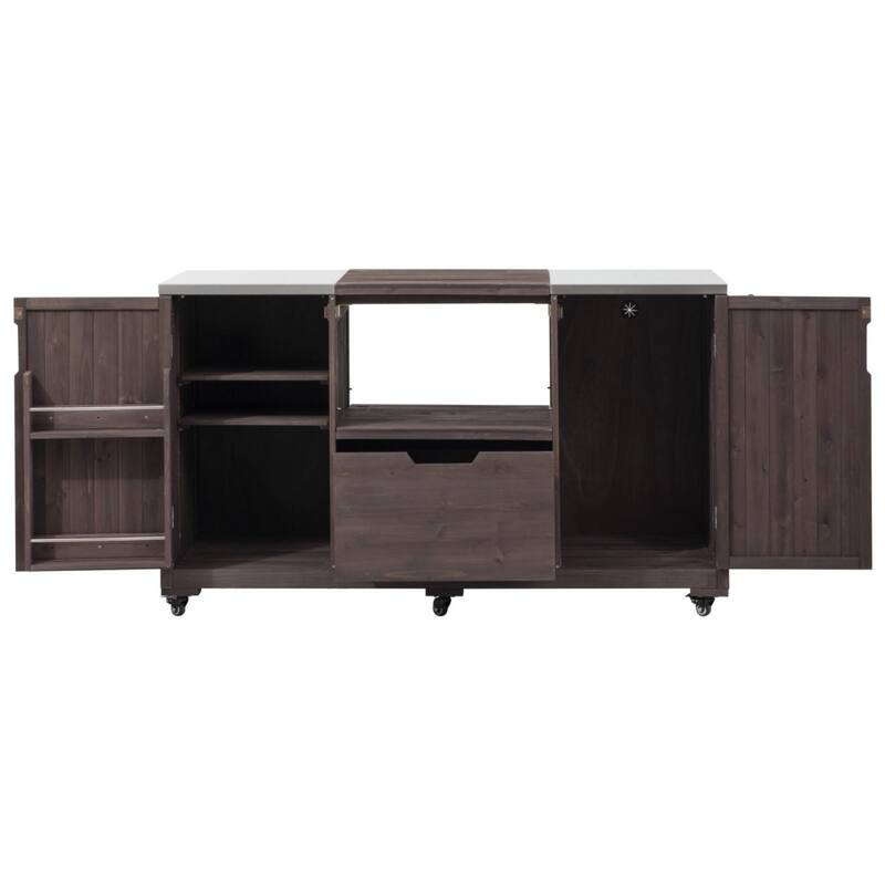 66.5" Outdoor Kitchen Island, Solid Wood Grill Cart, Stainless Steel Top Grill Cart