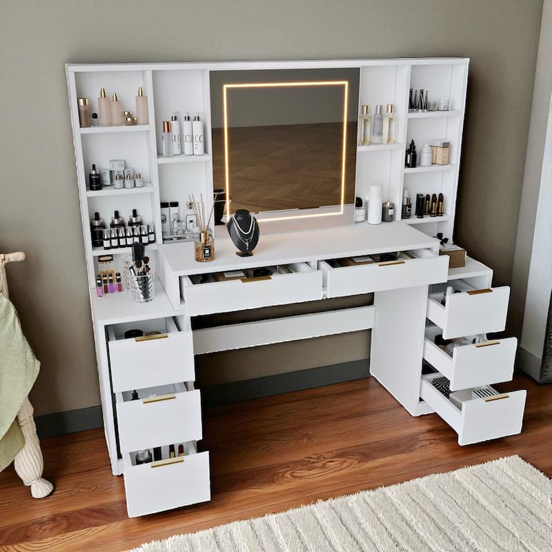 59" Makeup Vanity Desk with Mirror & Lights, Large Dressing Table with 8 Drawers, Open Shelves & Adjustable LED for Bedroom