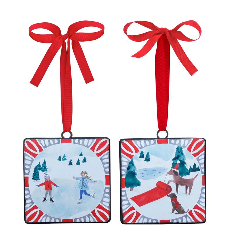 Winter Sledding and Tree Decorating Christmas Tag Ornaments - 5" - 12ct