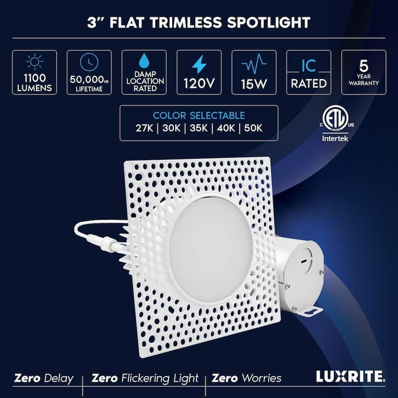 Luxrite 3 Inch Trimless Recessed LED Light with J-Box 15W 5CCT Dimmable Spotlight 1100LM CRI 90 Damp Rated ETL