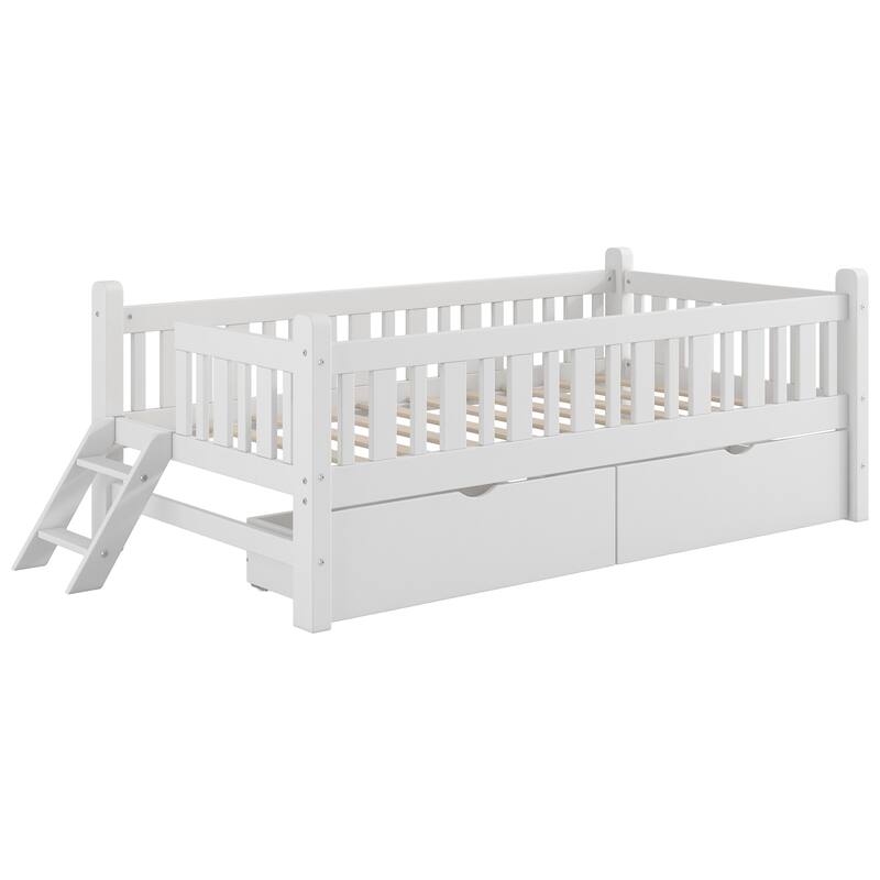 Wood Twin Size Platform Bed with Guardrail and 2 Drawers