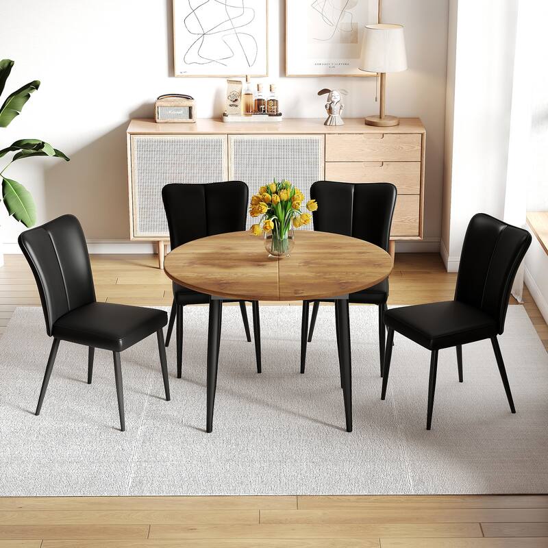 5-Piece Modern Extendable Dining Table Set, MDF Wood Table & 4 PU Chairs for Flexible Gatherings