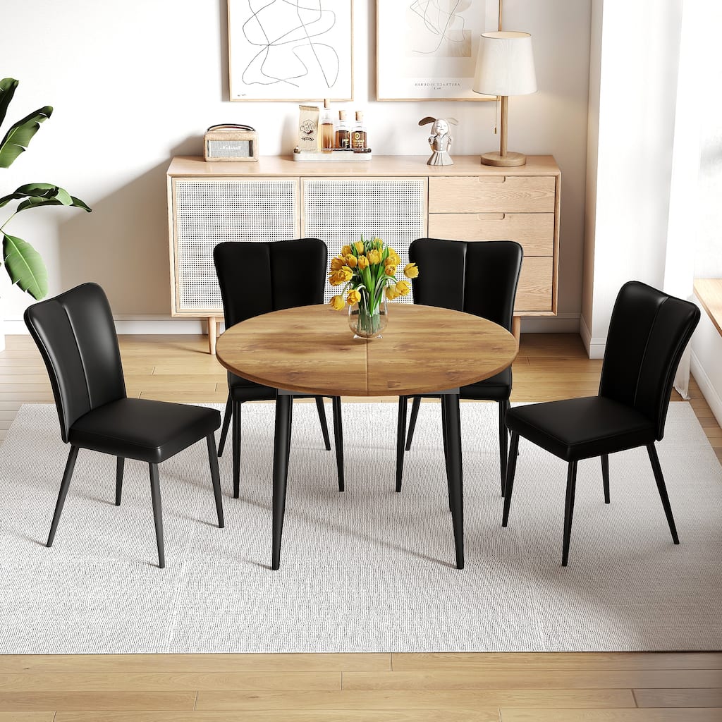 Leather Upholstered Dining Chairs with Metal Legs, Round Extendable Dining Table Set with 4 Ergonomic Chairs