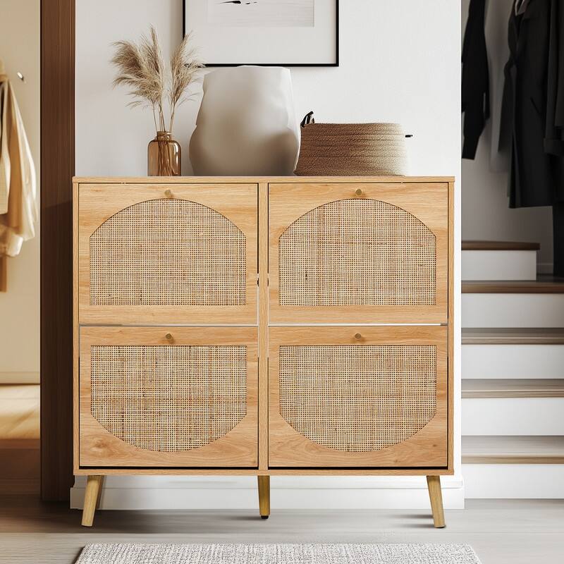 Rattan Shoe Cabinet with 2 / 4 Flip Drawers, Narrow Shoe Storage Cabinet,Organizer for Entryway, Bedroom, Living Room