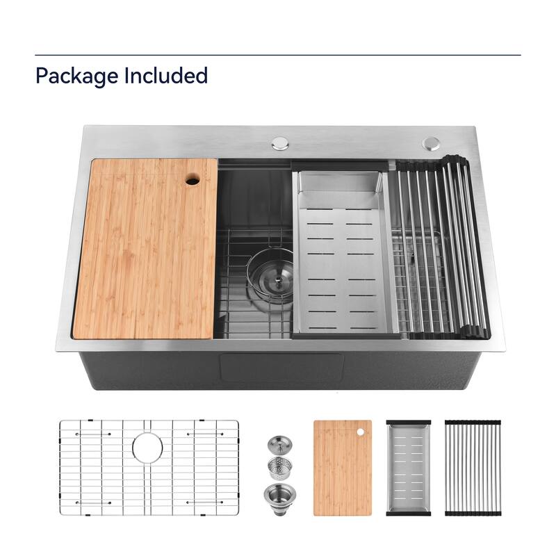 Stainless Steel Kitchen Sink with Cutting Board, Colander, Grid