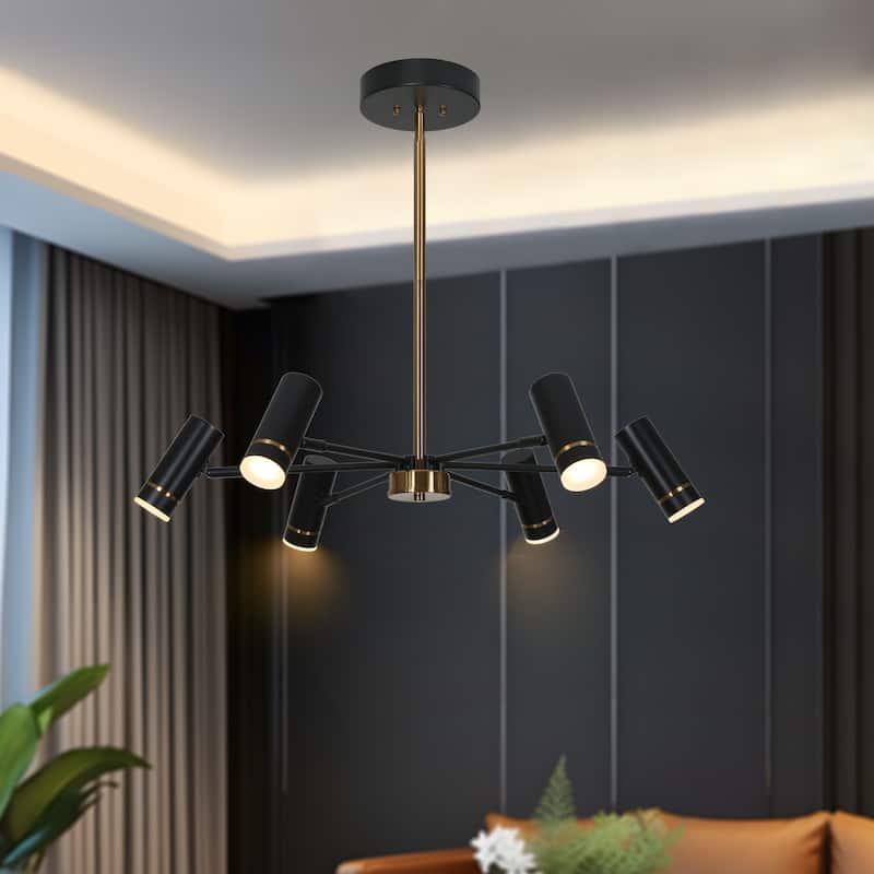 Modern Contemporary 6-Light Black Gold LED Chandelier Metal Wheel Pendant Light for Dining Room - 28" W x 6" H