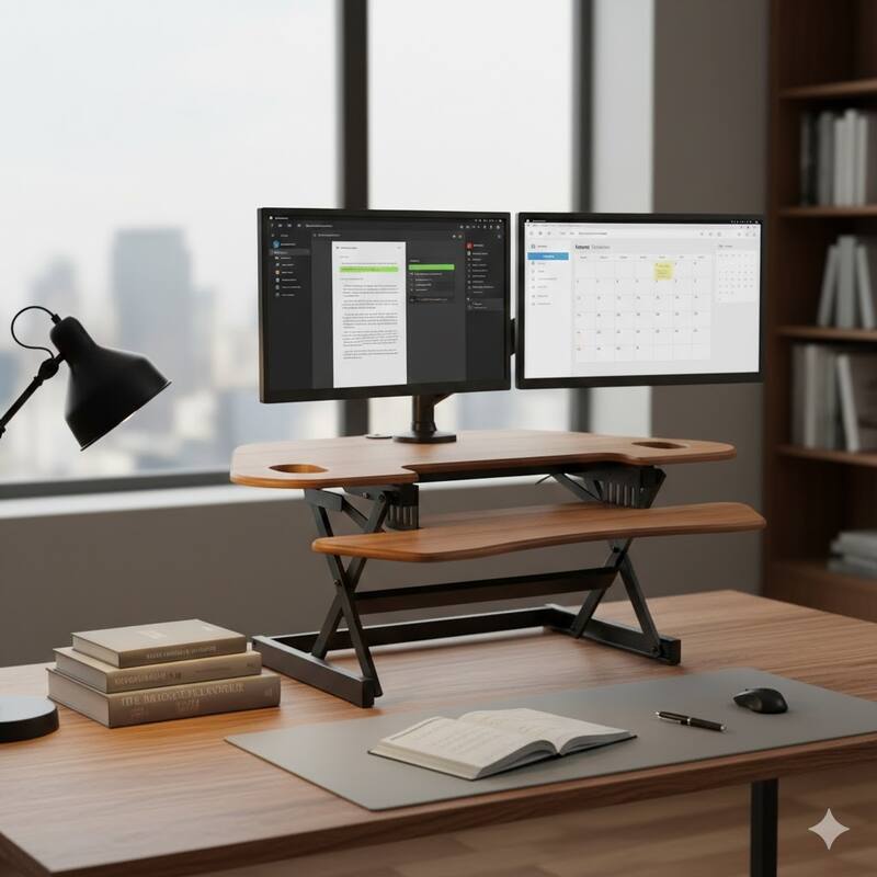 Rocelco 46 in. W Beige Height Adjustable Corner Standing Desk Converter with Dual Monitor Arm Mount and Extra Keyboard Tray