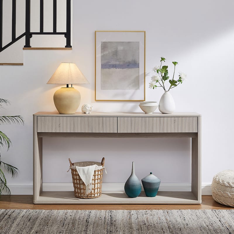 63" Modern Fluted 2 Drawers Entryway Table, Console Table, Sofa Table - White Alder