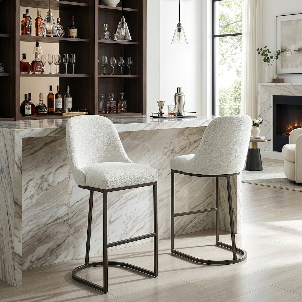 Set of 2 Ayane White Boucle Bar Stool with Iron Legs