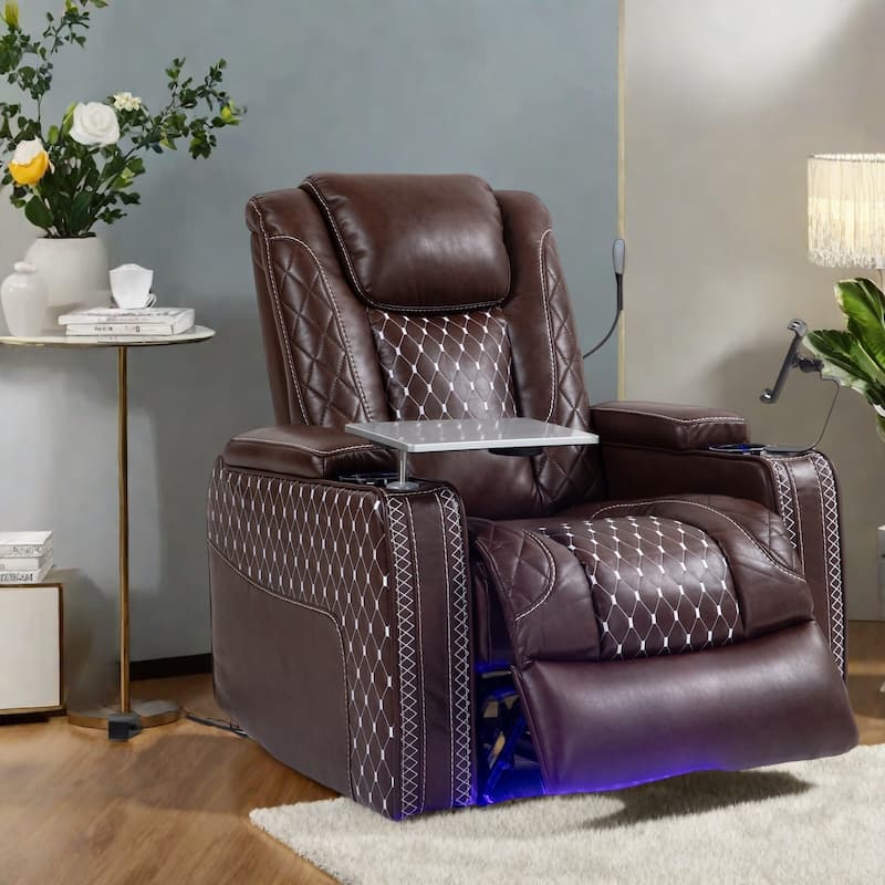Leather Zero Gravity Recliner Chair with Infinite Position, Smart Cup Holders, and LED Lighting - Brown