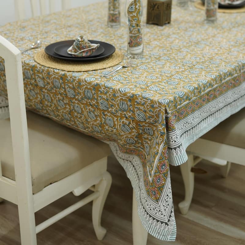 Fabdivine Handmade Block Print Cotton Table Cover Farmhouse Dining Kitchen Decor Gift