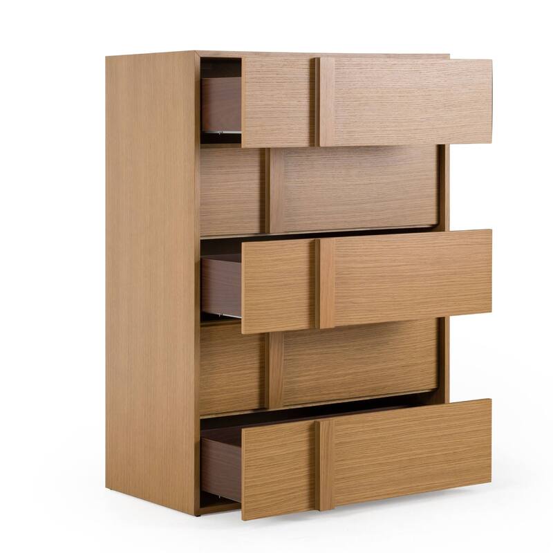 Lina Tall Dresser Chest, 5 Drawers, Natural Brown Oak Veneer