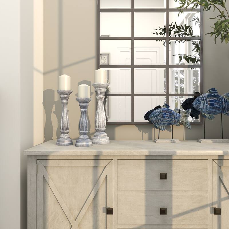 Gray, Green, Brown or Blue Wooden Distressed Turned Decorative Candle Holder (Set of 3)