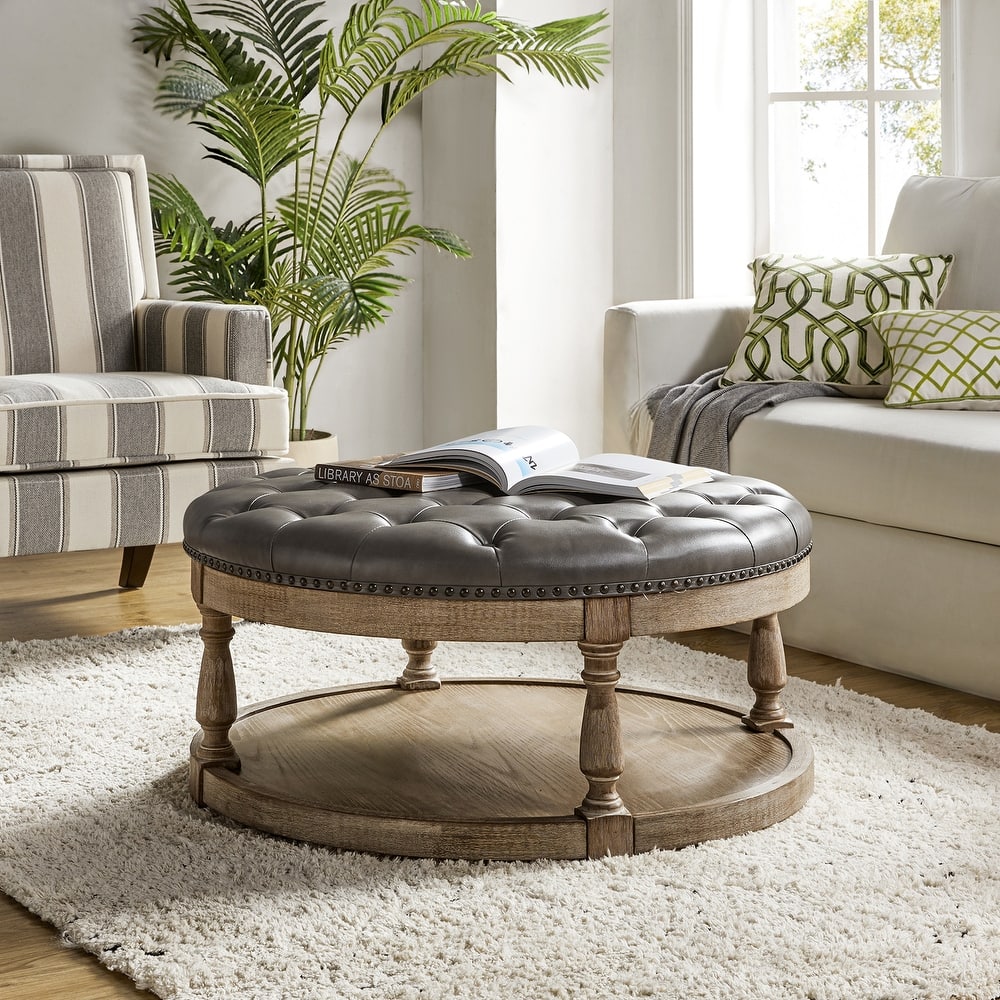 Dulcie Traditional Cocktail Vegan Leather Ottoman with Solid Wood Legs by HULALA HOME
