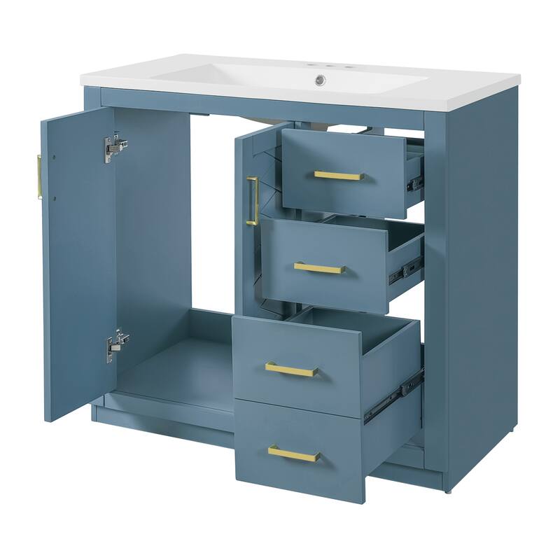 36" Bathroom Vanity with Ceramic Sink, Solid Wood Storage Cabinet, Freestanding 3-Drawer Vanity Set, Soft-Close Doors