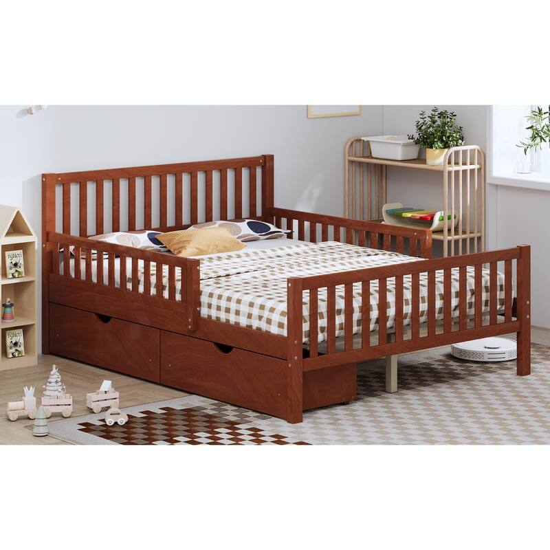 Full Size Wood Platform Bed with Guardrails on Both Sides and Two Storage Drawers, Walnut