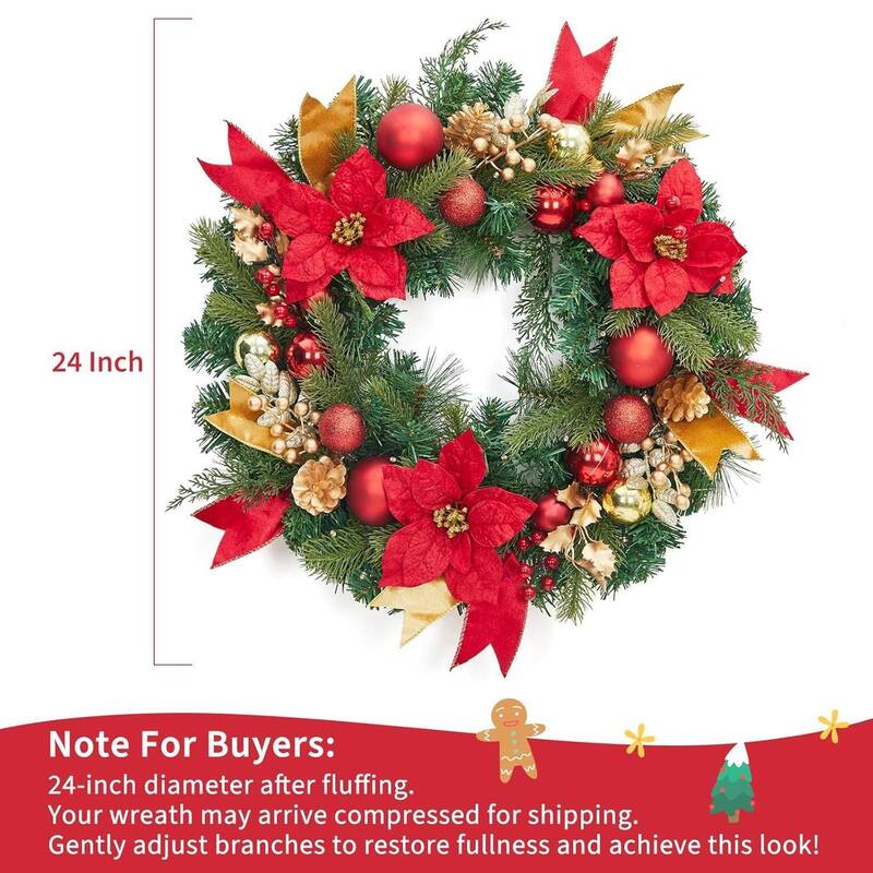 24 Inch PVC Christmas Wreath, Red and Golden Ornament Wreath for Front Door, Fireplace and Table - N/A