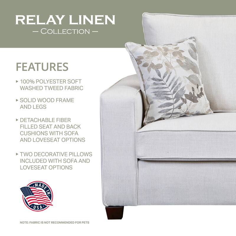 American Furniture Classics Model 3223-21 Relay Linen Sofa with Two Throw Pillows