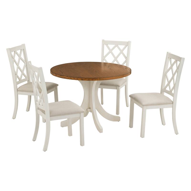 Mid-Century 5-Piece Wooden Dining Table Set with Round Table & 4 Chairs