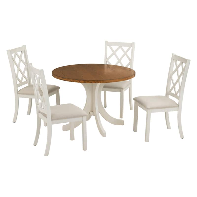 Roomfitters Mid-Century Solid Wood 5-Piece Round Dining Table Set with Upholstered Chairs for Small Spaces
