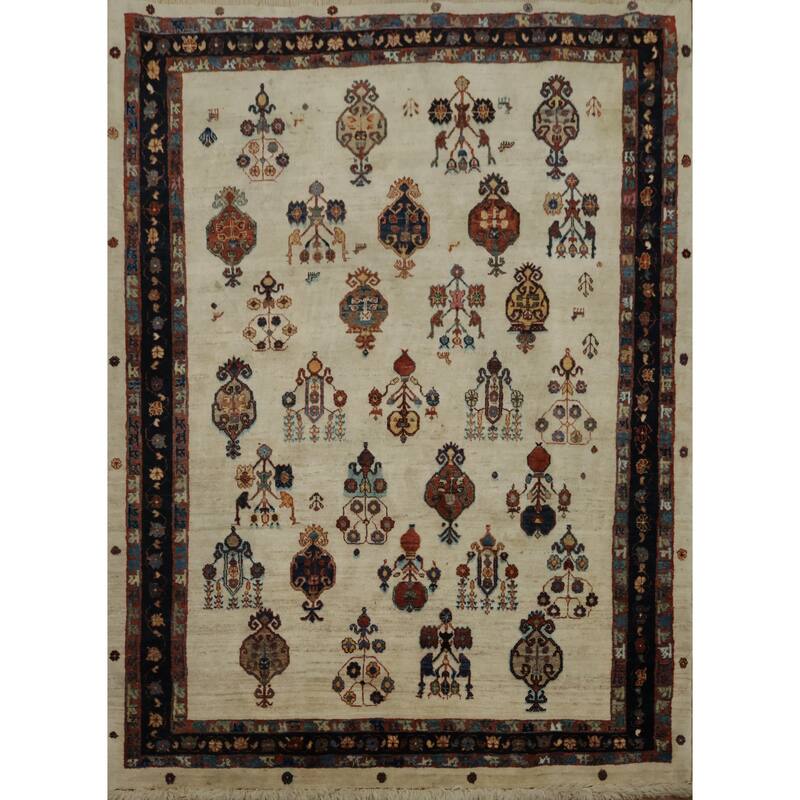 Hand Knotted Oriental 100% Wool Carpet Traditional Tribal Beige & Ivories Gabbeh (Qashqai) Area Rug - 6' 7'' X 4' 10''