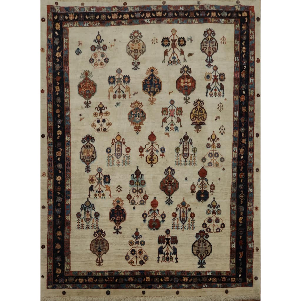 Hand Knotted Oriental 100% Wool Carpet Traditional Tribal Beige & Ivories Gabbeh (Qashqai) Area Rug - 6' 7'' X 4' 10''