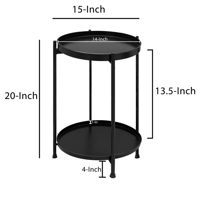 Vica 15 Inch Modern Side End Table, Metal Round Tray Top Foldable Legs, Black