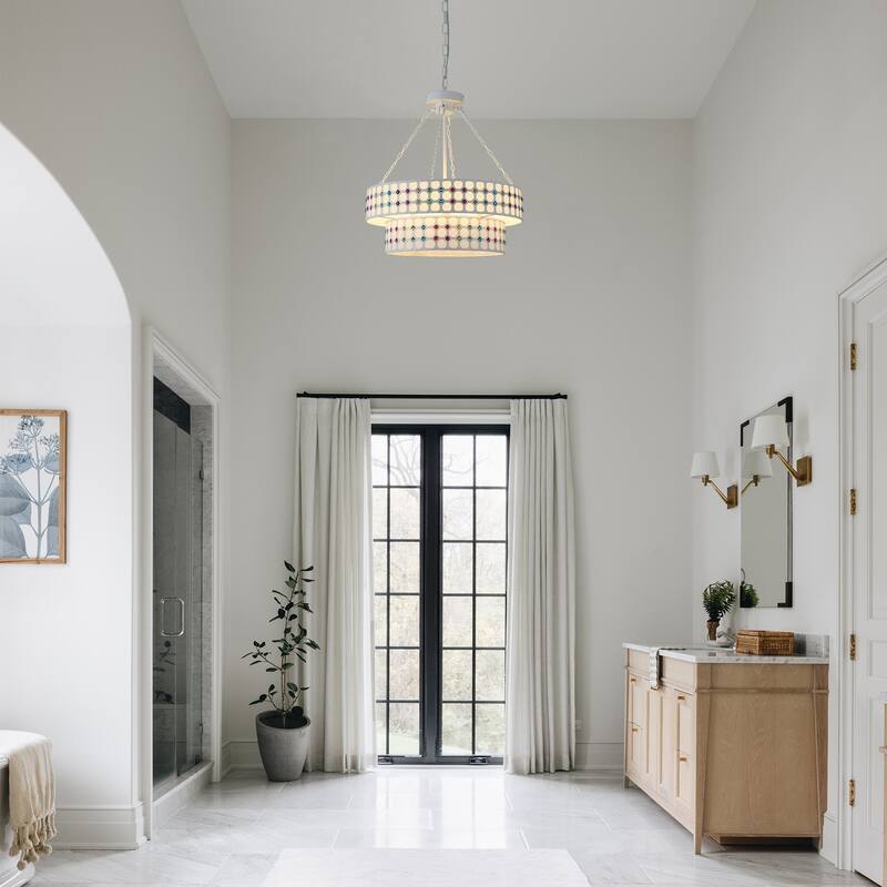 20" Modern Matte Black Two-Tier Drum-Shaped Light Fixture, 6 Lights with Adjustable Hanging Chain for Dining Room and Bed Room