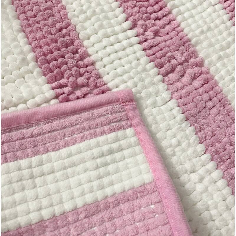 Large 2 Piece Set Pink White Stripe Soft Cozy Plush Chenille Bath Mat Bathroom Rug