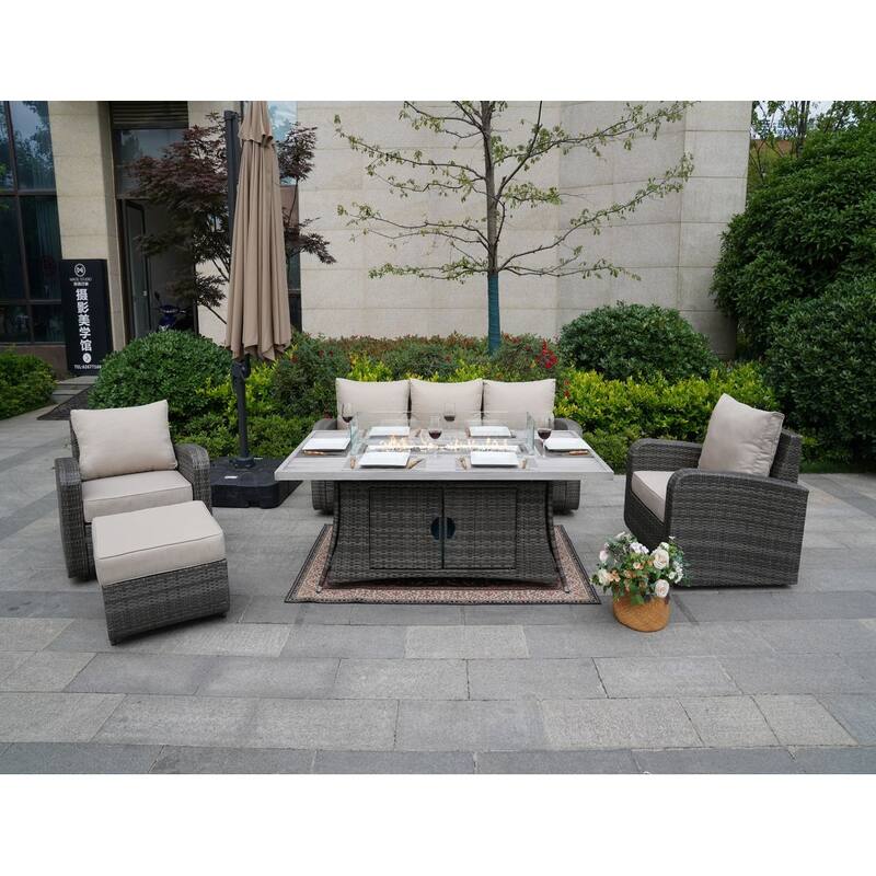5-Piece Wicker Patio Sofa Set with Gas Firepit And Ice Bucket by None - Gray
