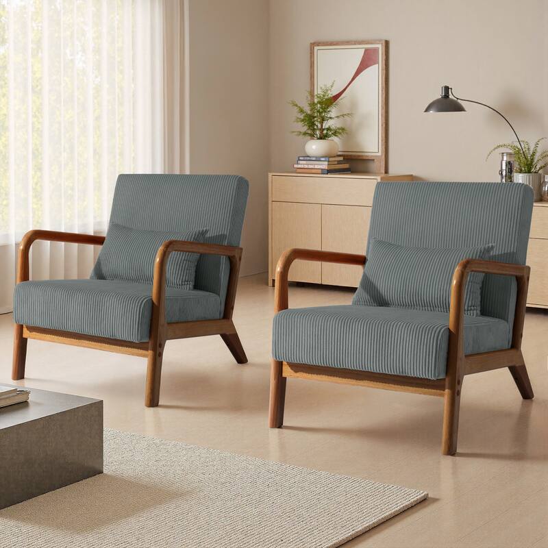 Modern Corduroy Upholstered Accent Chair with Wood Legs Set of 2 - Brown Frame - Grey/Natural