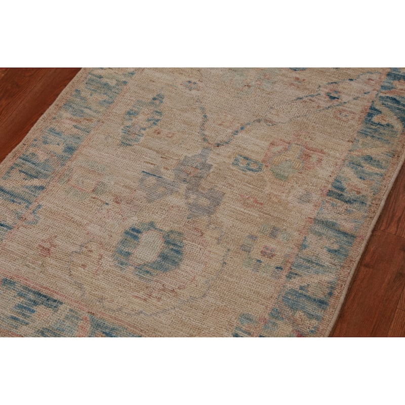 Hand Knotted Oriental 100% Wool Carpet Transitional Floral Beige & Ivories Oushak Runner Rug - 7' 11'' X 2' 6''
