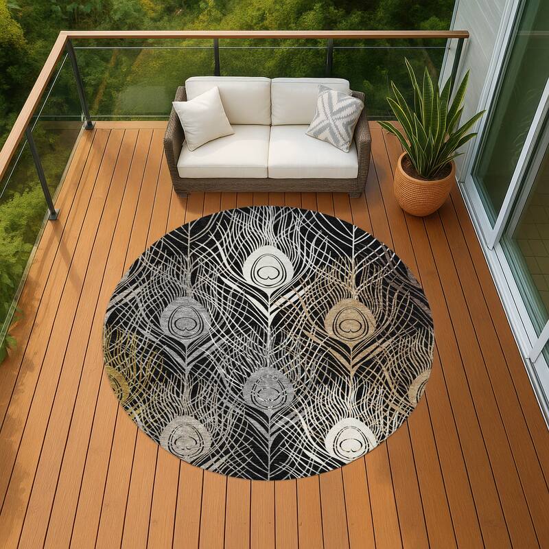 Machine Washable Indoor/ Outdoor Modern Peacock Chantille Rug - Black - 8' x 8'