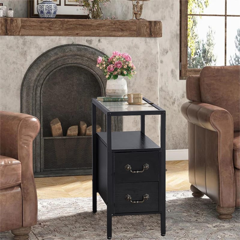 VECELO 2-Drawer Modern End Tables with Glass Top, Narrow Side Tables with Drawers, Nightstands for Small Spaces