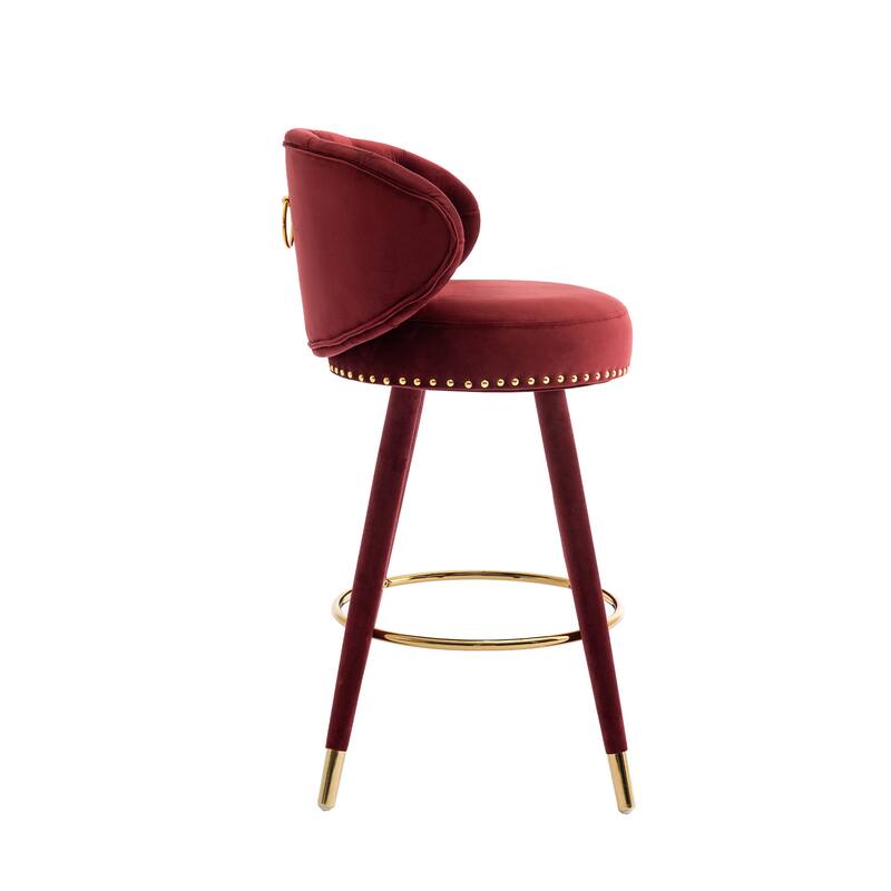 Set of 2 Counter Height Velvet Bar Stools with Solid Wood Legs