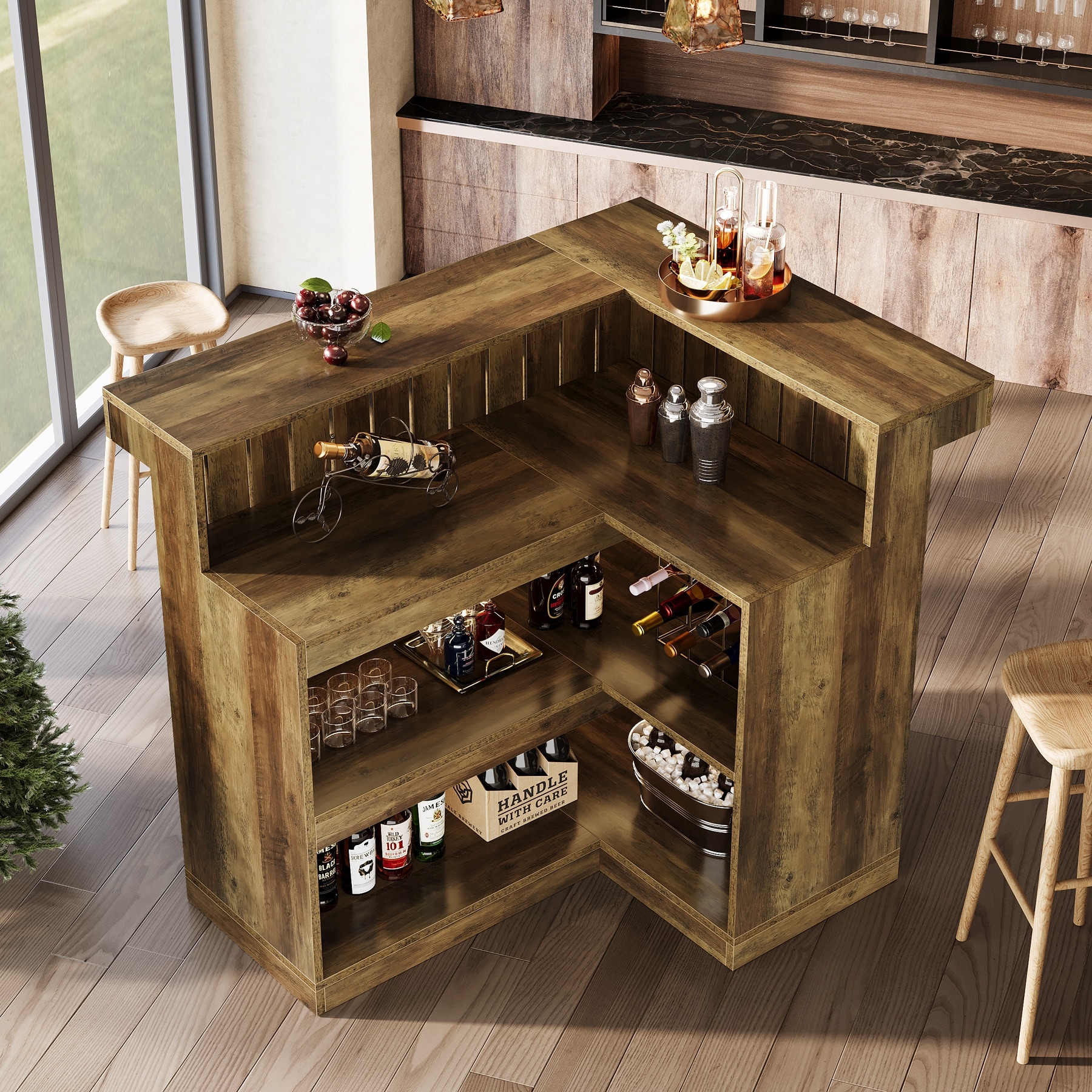 Industrial L-Shaped Corner Home Bar Cabinet with Wine Glass Racks