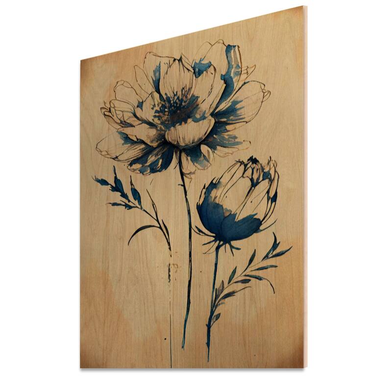 Designart 'Blue Vintage Flower Blooming VI' Floral Wood Wall Art - Natural Pine Wood