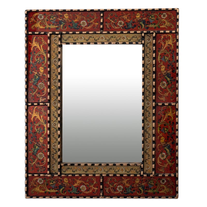 Novica Handmade Red Peruvian Elegance Reverse Painted Glass Wall Mirror - Red