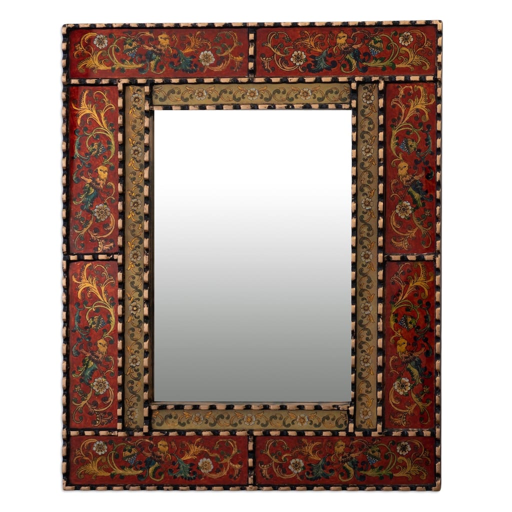 Novica Handmade Red Peruvian Elegance Reverse Painted Glass Wall Mirror