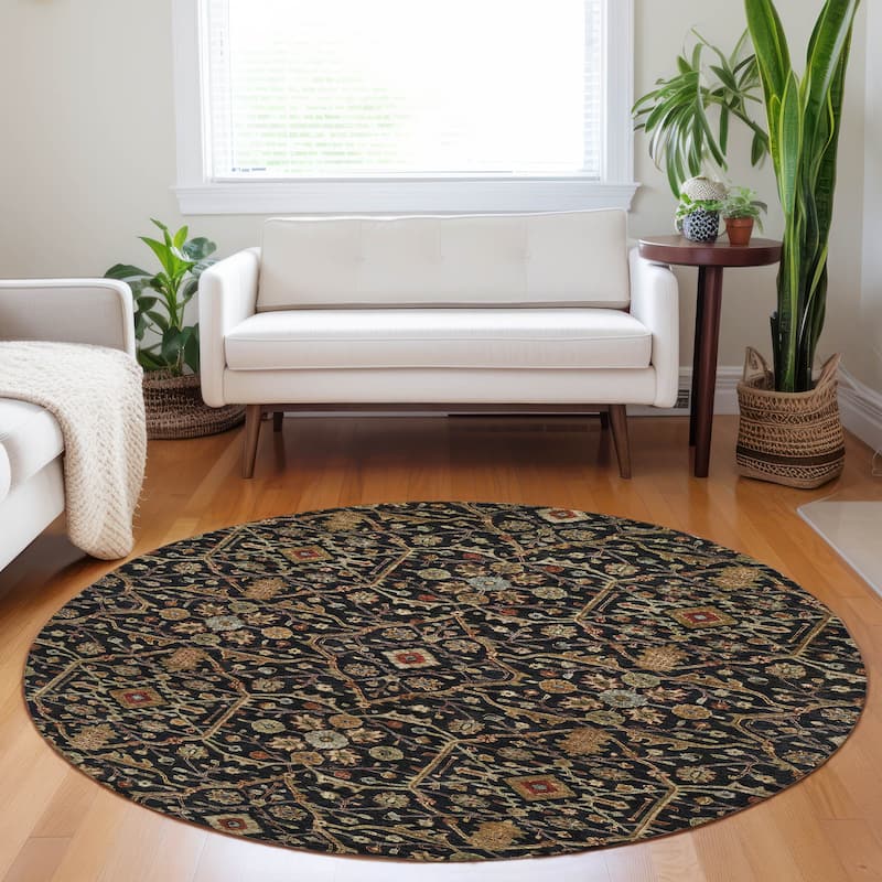 Machine Washable Indoor/ Outdoor Traditional Persian Chantille Rug - Black - 8' x 8'