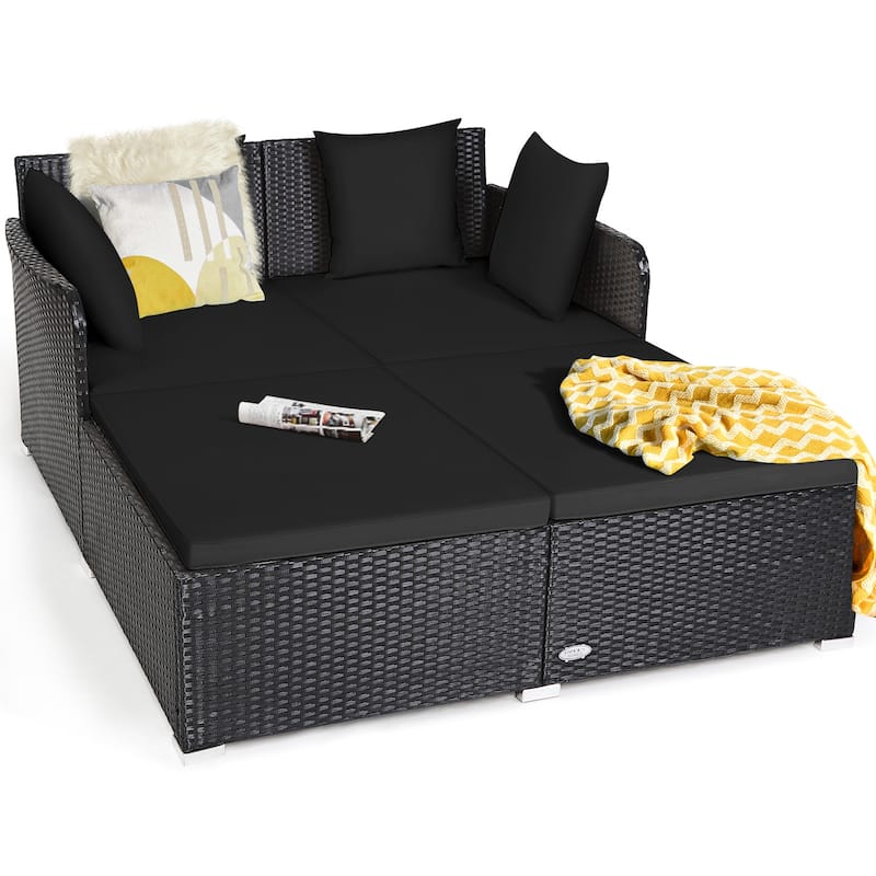 Outdoor Rattan Daybed with Cushions for Patio Garden Lounge Seating