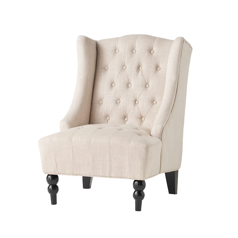Roomfitters Tufted Wingback Accent Chair with Curved Back and Turned Legs, Upholstered Lounge Chair, Beige