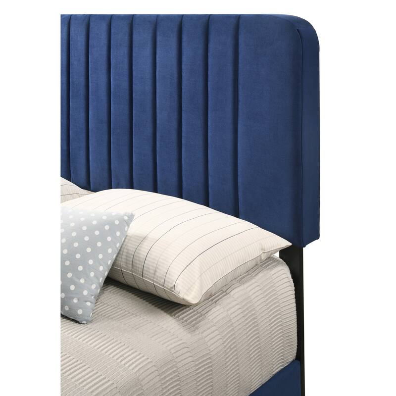 Modern Navy Blue Full Bed with Velvet Upholstery and Wooden Legs