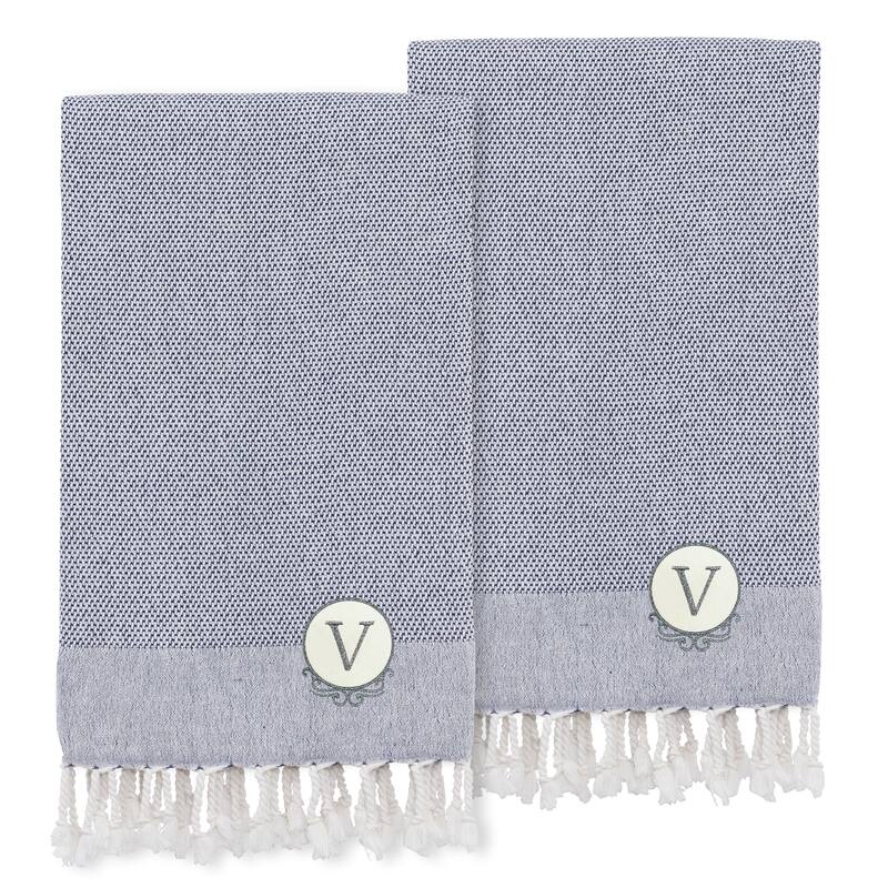 Authentic Hotel and Spa 100% Turkish Cotton Personalized Fun in Paradise Pestemal Hand/Guest Towels (Set of 2), Navy - V